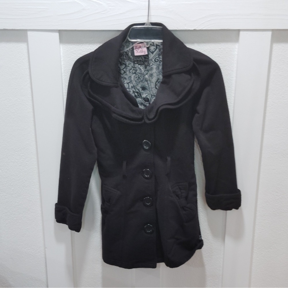 La Kitty Women's Black Pea Coat Size M Button Front Mid-Length w/ Pockets
